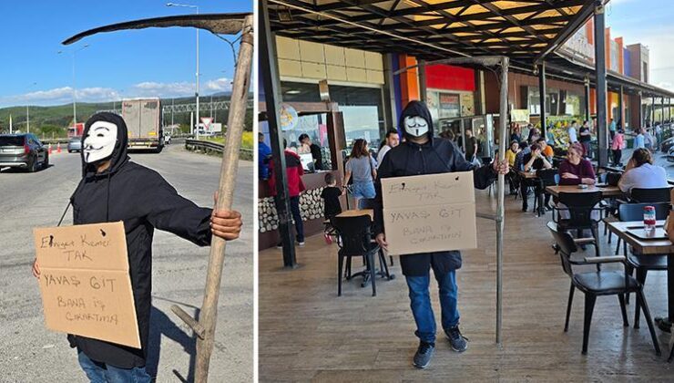 Düzce’de ilginç görüntü! Maske takıp ‘Bana iş çıkarmayın’ pankartı ile sürücüleri uyardı