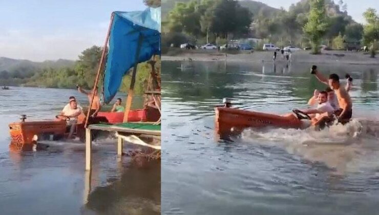 Sıcaktan bunalan gençler, çaya traktörle girdi! İlk görenler tekne sandı