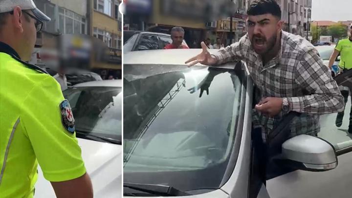 Aksaray’da aracını kendisini uyaran trafik polisinin üzerine sürdü! O anlar kamerada