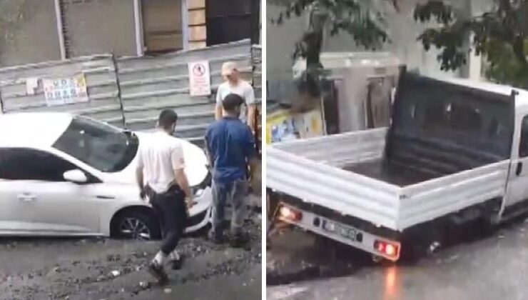 İstanbul’da sağanak sonrası asfalt yol çöktü, araçlar içine düştü