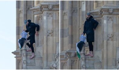 İngiltere’de Big Ben’e çıkarak Filistin bayrağı açan protestocu 16 saat sonra eylemi sonlandırdı